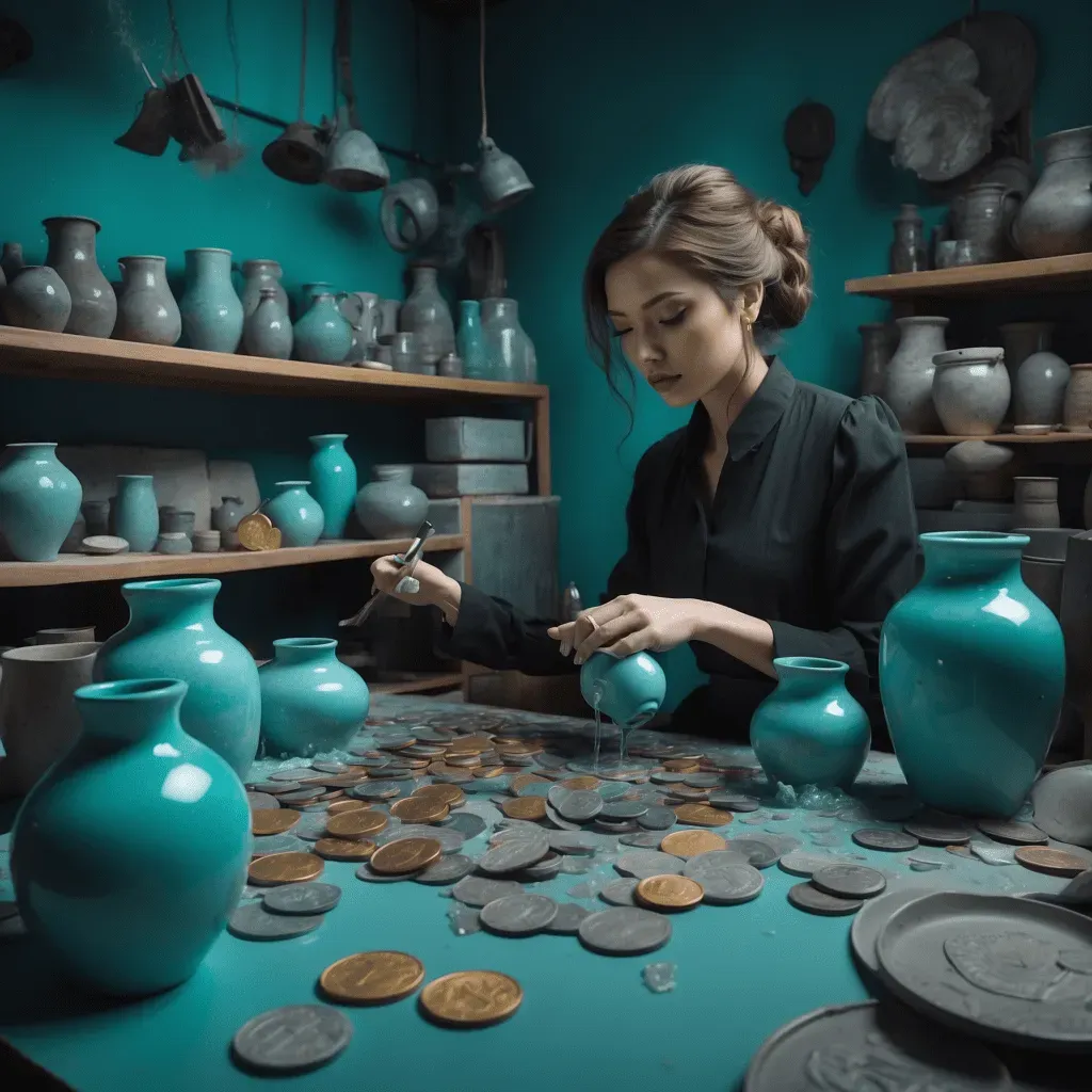 A woman painting a ceramic vase with coins pouring out, surrounded by other ceramics and scattered coins