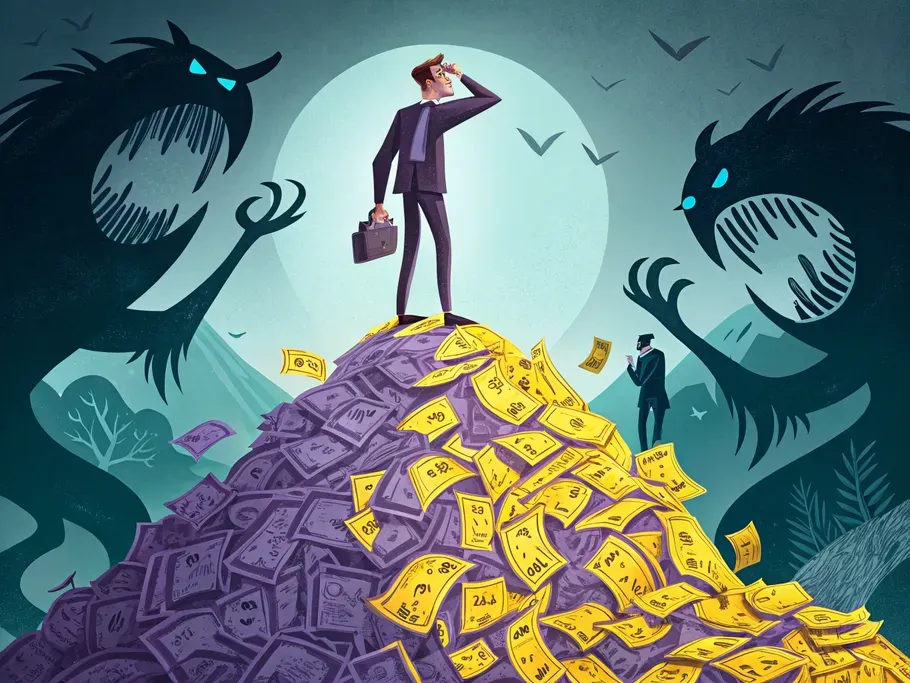 Illustration of a man standing on a mountain of money, looking confused, under the watchful eyes of two large shadowy figures