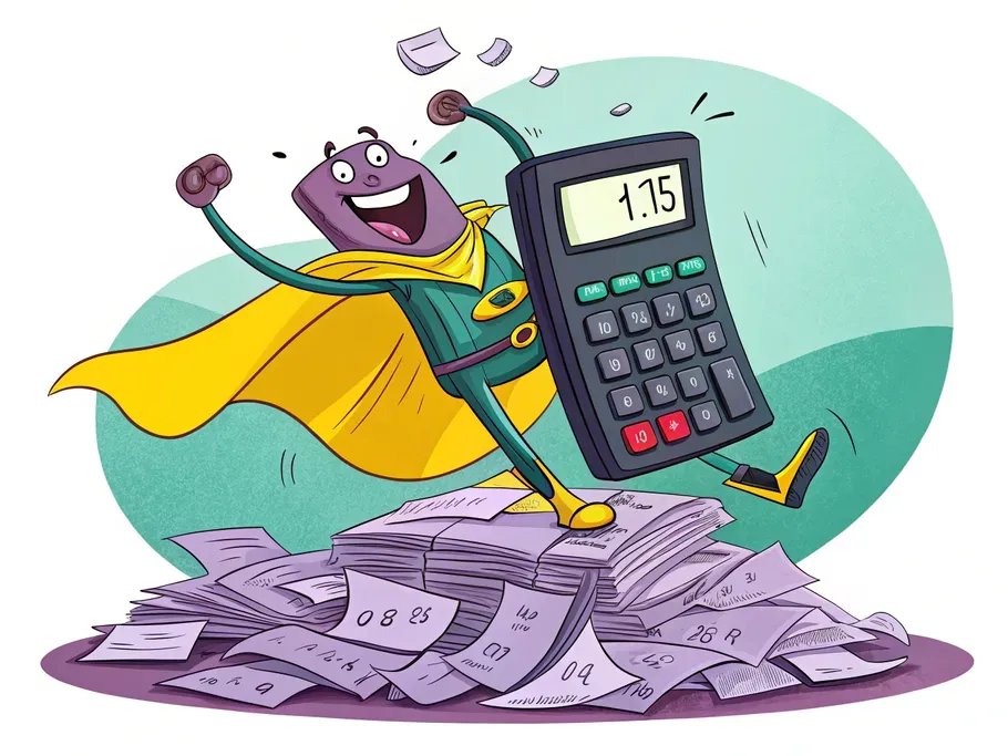 Animated calculator superhero on a pile of financial papers
