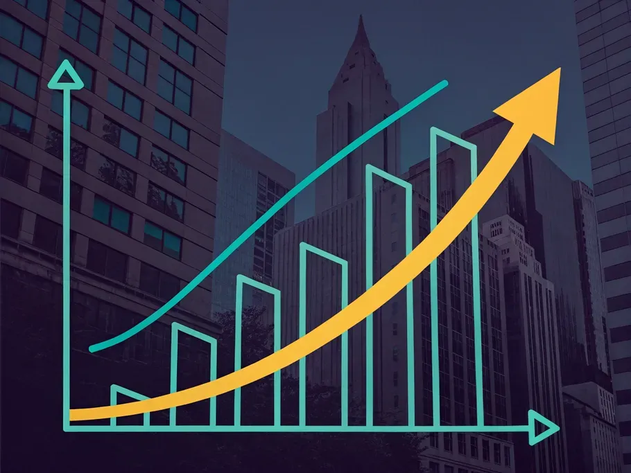Graphic overlay of upward trend lines on a cityscape, symbolizing business growth and financial management in urban settings.