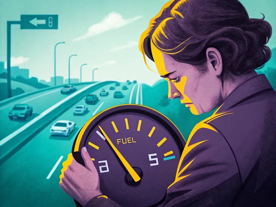 Illustration of a woman clutching a large fuel gauge with a worried expression, against a backdrop of a busy highway