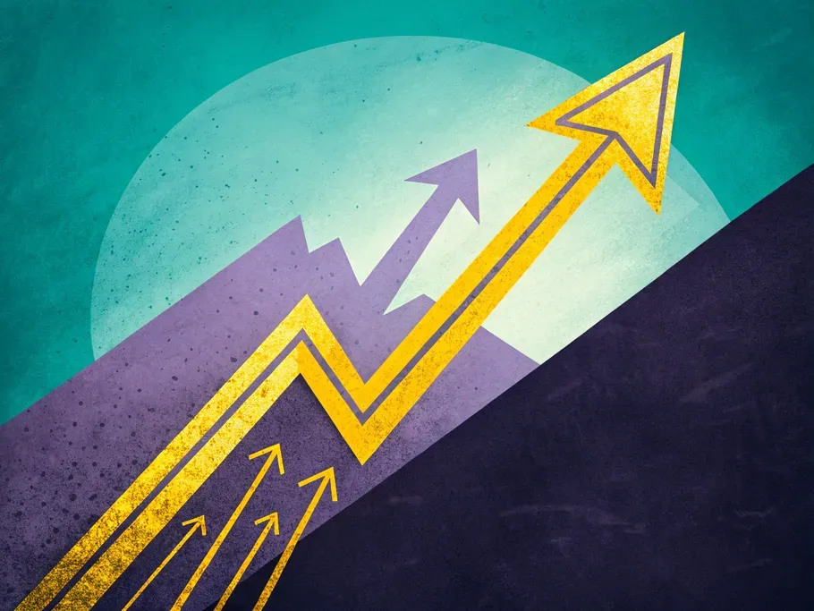 Stylized growth arrows against a moonlit sky