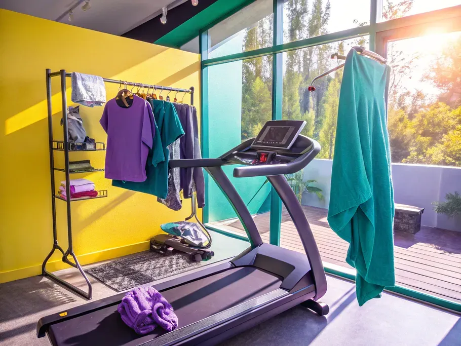 Unused treadmill repurposed as a clothing rack in a bright home gym