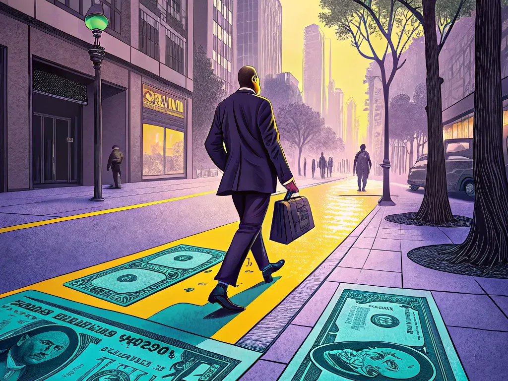 Illustration of a businessman walking on a street where the pathway is made of large dollar bills, symbolizing investment and finance