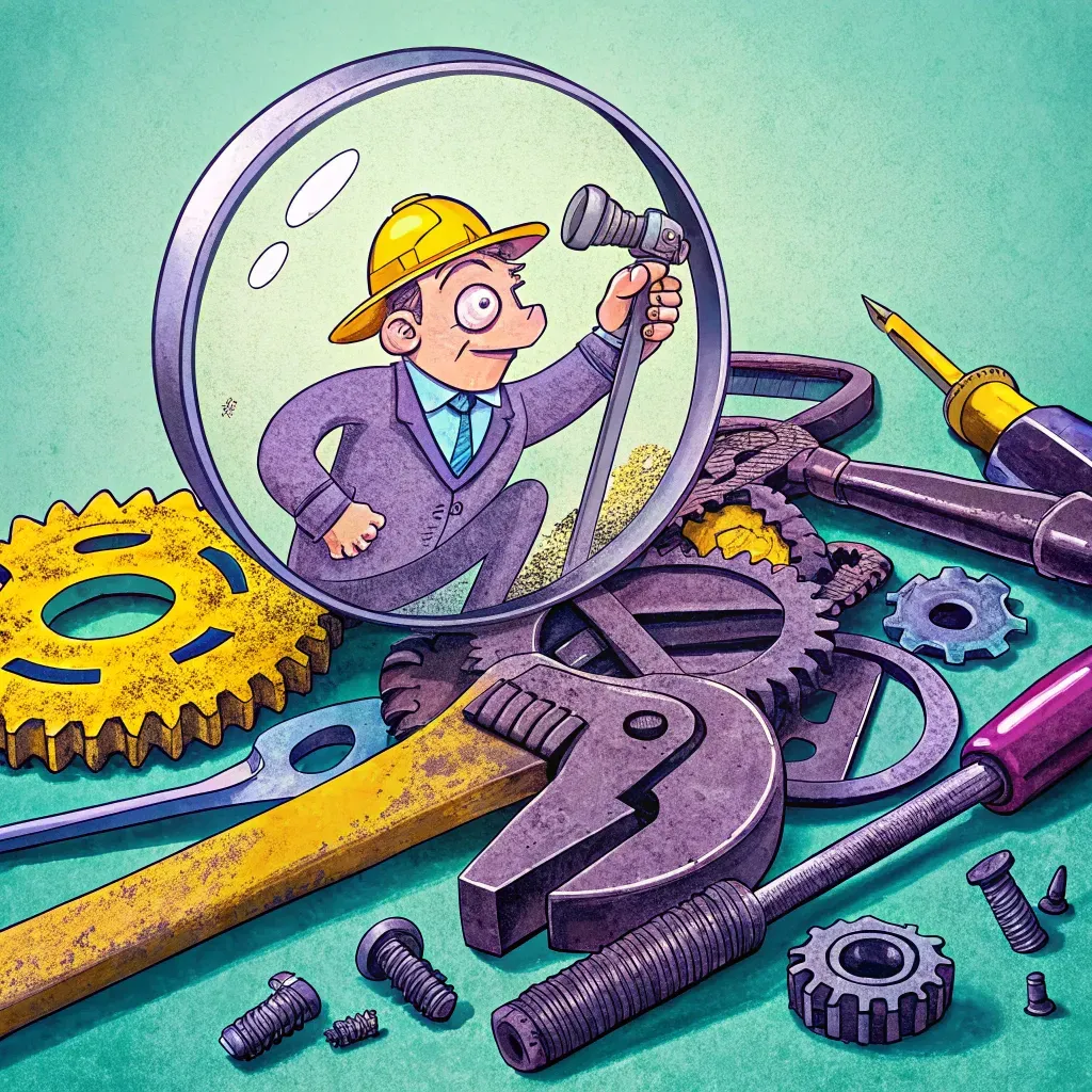 Illustration of a man using a magnifying glass to inspect gears and tools