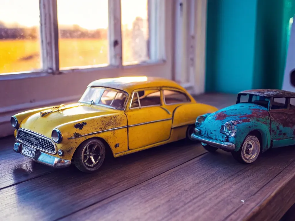 Vintage toy cars with visible signs of wear and tear, placed on a wooden surface near a sunny window