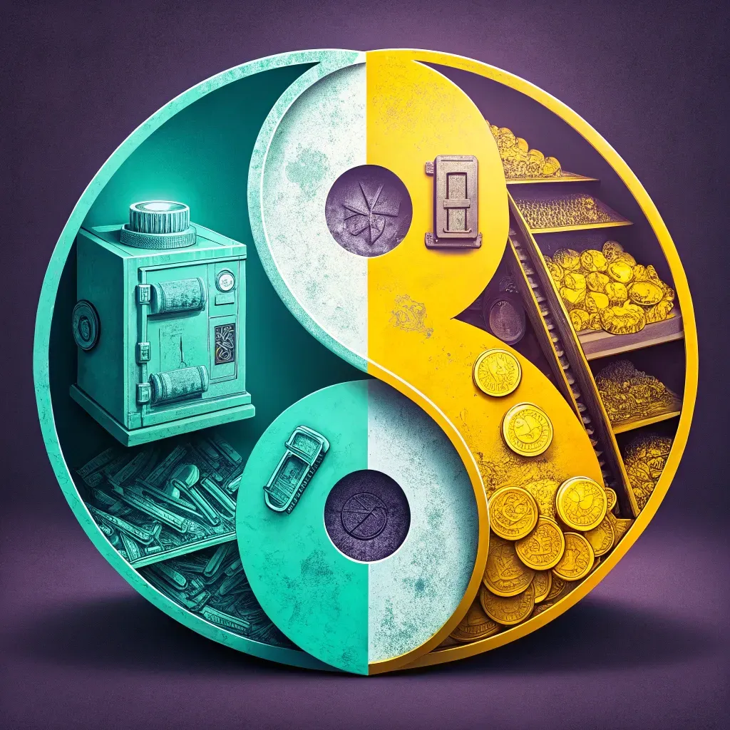 Illustration of a yin-yang symbol divided into sections displaying assets such as a safe, coins, and a light switch, symbolizing balance and management in financial assets