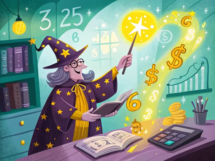 An illustrated wizard conducting magical accounting spells with numbers and financial symbols flying around, representing the gain on sale accounting and journal entries.