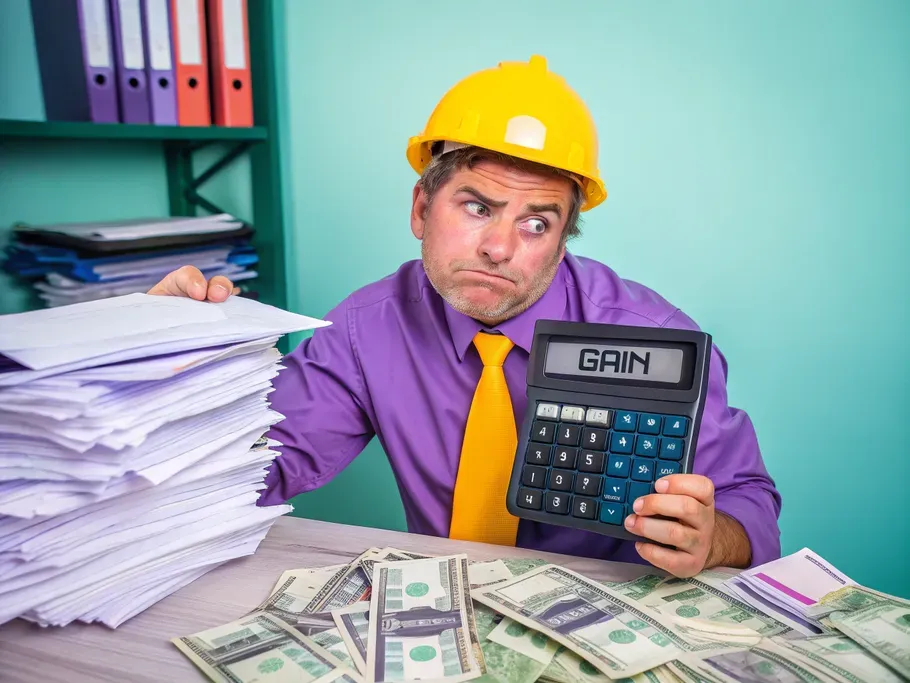 Confused businessman in construction helmet calculates gain on a calculator surrounded by money and paperwork