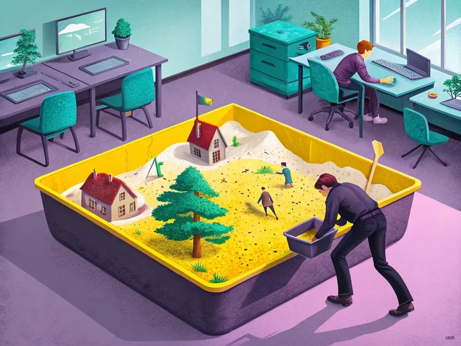 Illustration of two professionals analyzing a sandbox model of land and property to represent asset disposal and gain on sale in accounting