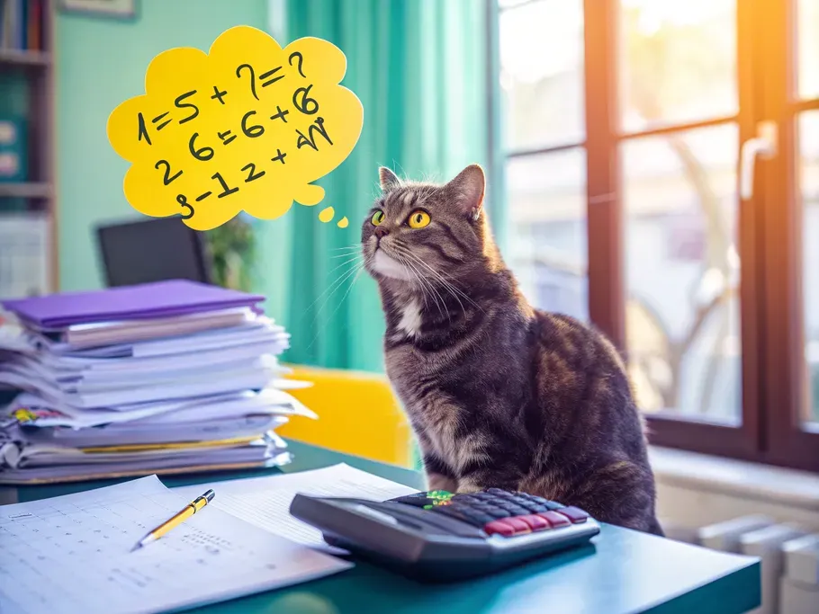 Curious cat calculating salaries expense using a calculator on a desk with papers