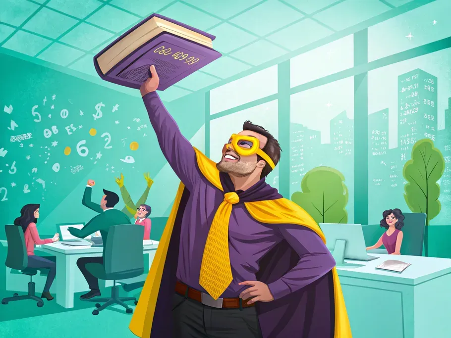 Bookkeeping superhero in an office setting, illustrating the concept of double entry bookkeeping and salaries expense