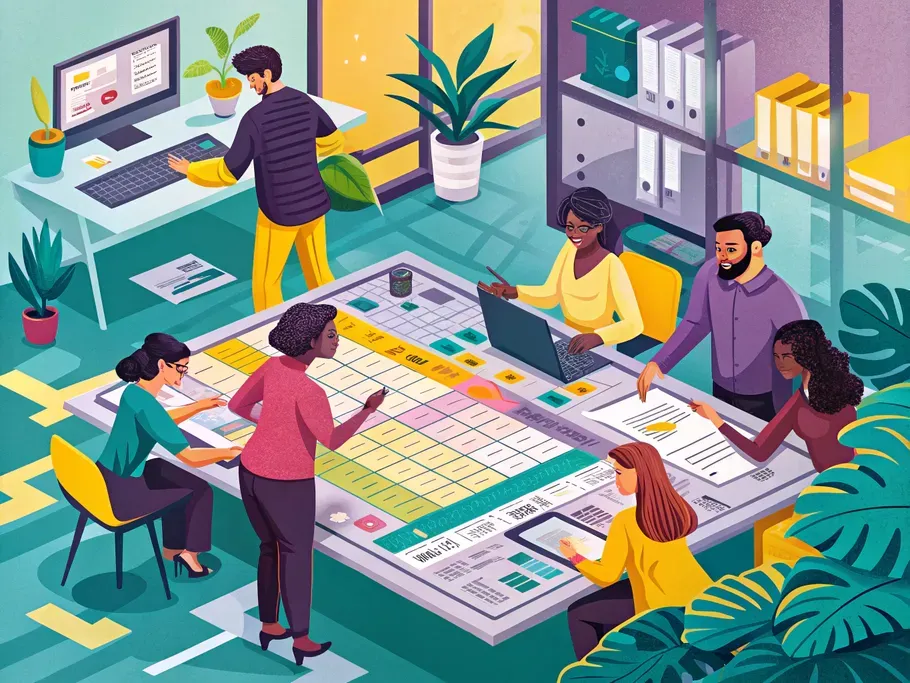 Diverse team collaborating on financial planning with documents and computers in a vibrant office environment