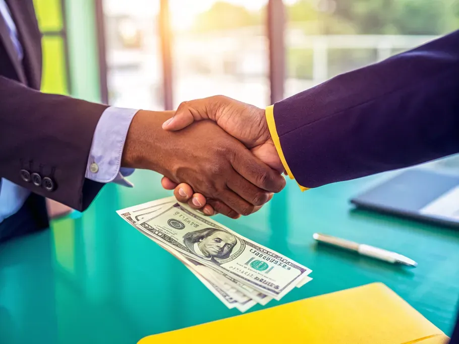 Two professionals shaking hands over a table, one handing over cash to the other in a bright office setting
