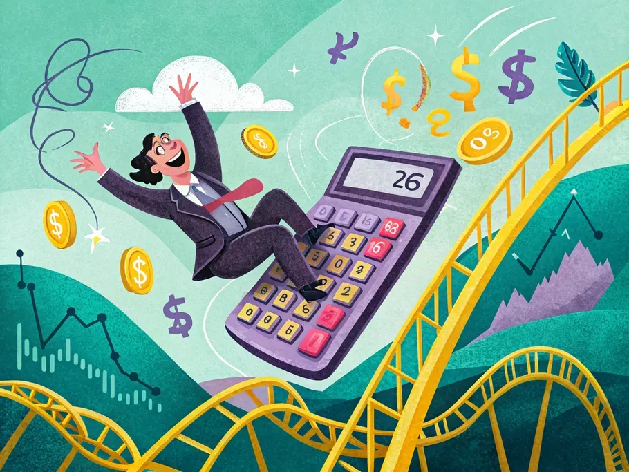 Illustration of a joyful businessman riding a calculator on rollercoaster tracks, representing dynamics of accounting with coins and financial symbols around