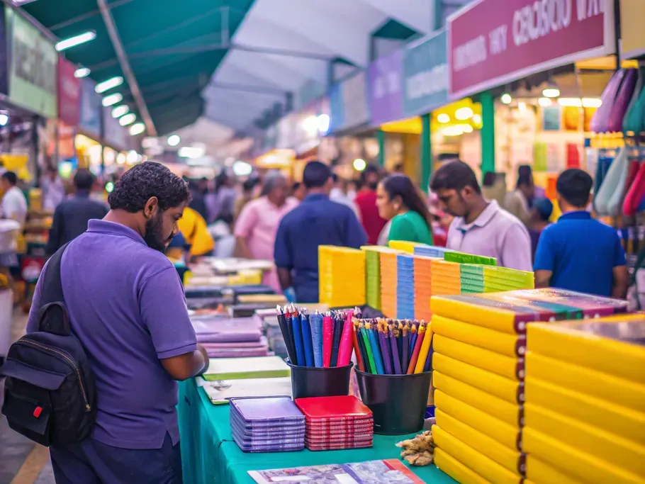 Busy marketplace scene with a man examining office supplies, symbolizing various types of purchases in accounting such as inventory and supplies expense