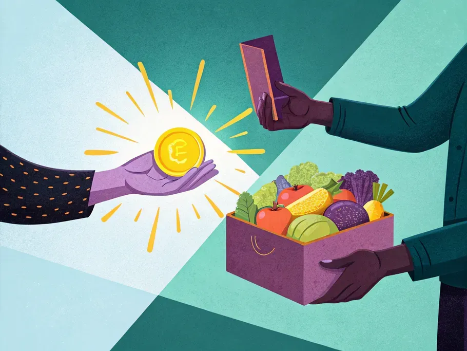 Illustration of a hand holding a glowing coin exchanging for a box of various goods highlighting the concept of purchases in accounting