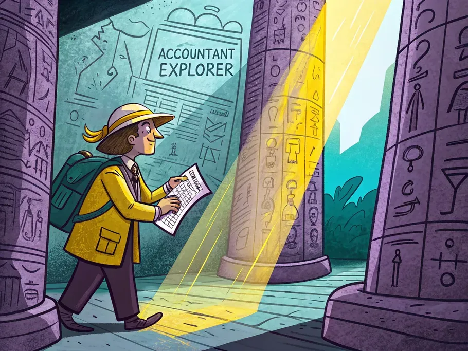 Explorer examining ancient hieroglyphs on a stone monument to symbolize decoding complex financial concepts in investments