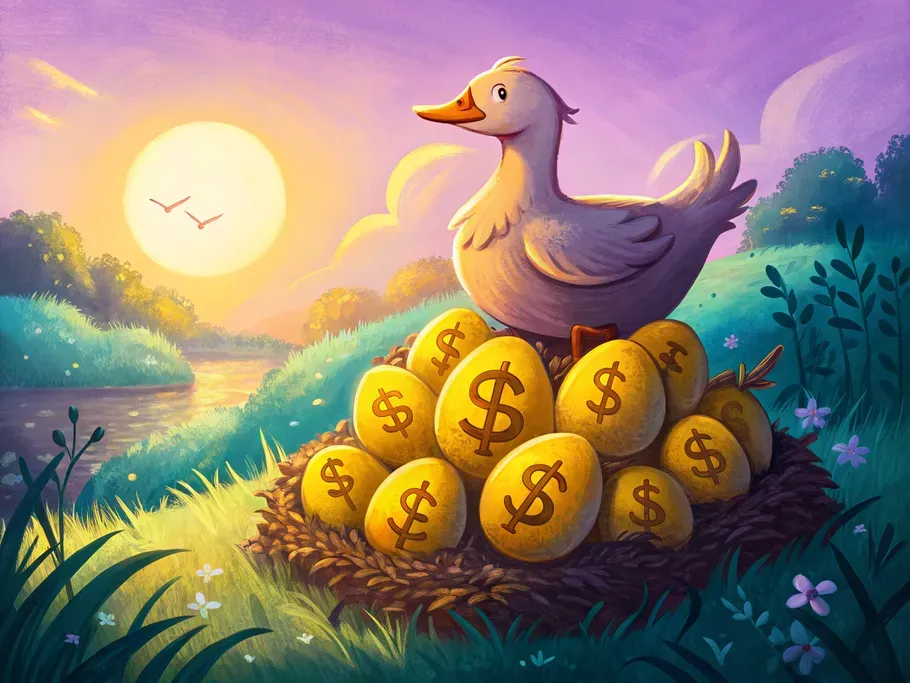 Illustration of a duck perched on golden eggs in a nest at sunrise, symbolizing investment growth and wealth accumulation