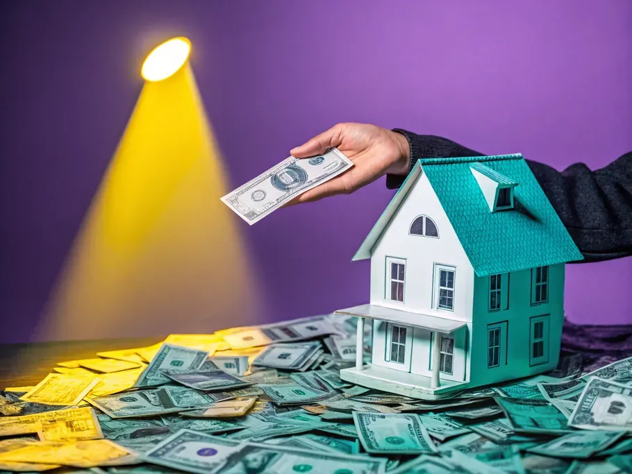 A hand placing a dollar bill on a miniature house surrounded by piles of money, with a spotlight shining on the house