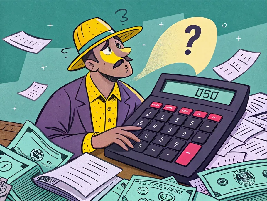 Illustration of a businessman, question mark thought bubble, and scattered accounting documents around a calculator.