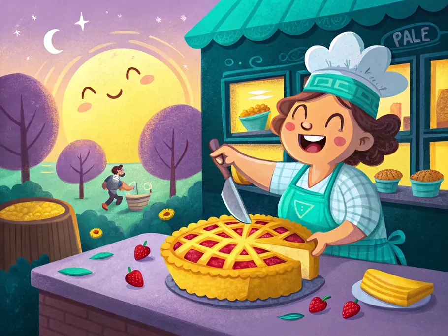 Illustration of a woman in chef attire slicing a pie with a man collecting berries in the background under a smiling sun