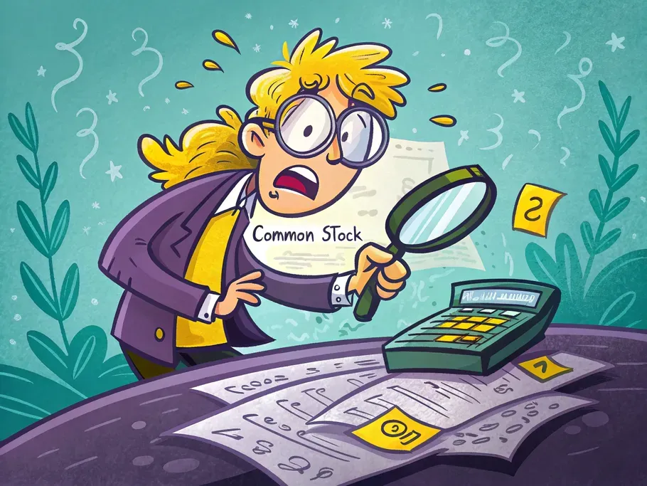 Cartoon of perplexed person with common stock papers and a calculator, symbolizing confusion in double-entry bookkeeping