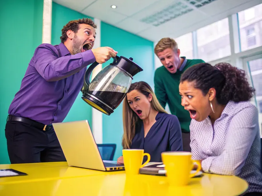 Panicked office workers around an empty coffee pot, highlighting the chaos of missing supplies.