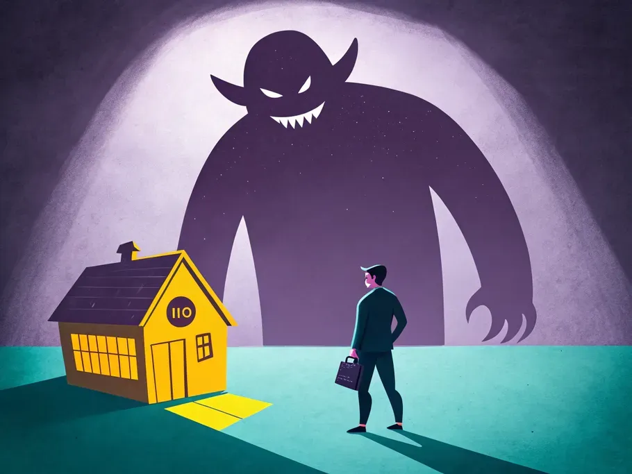 Illustration of a large shadowy figure looming over a businessman standing next to a small house, symbolizing challenges in business finance