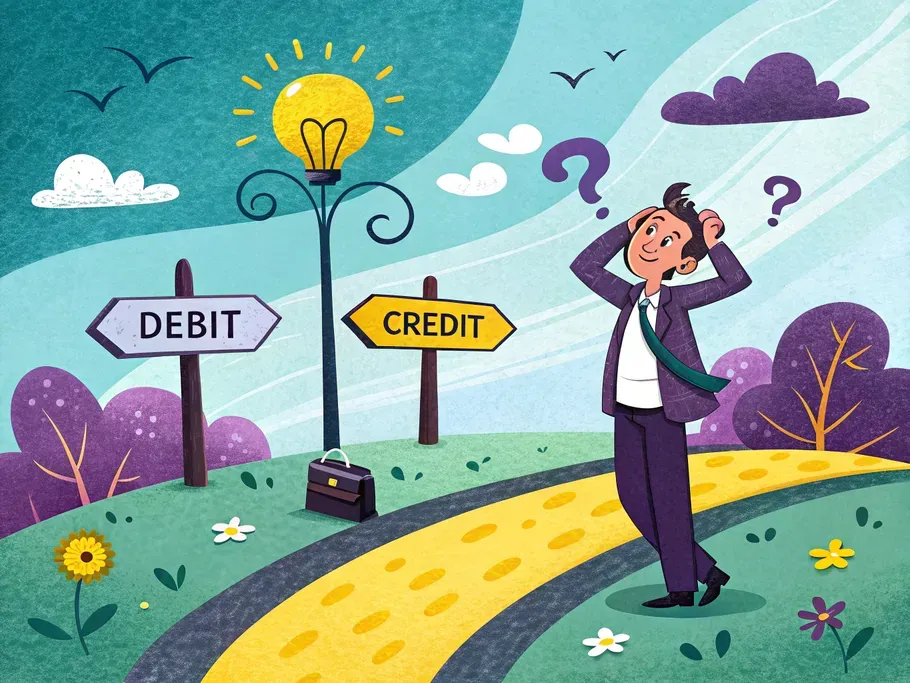 Illustration of a businessman confused between paths labeled Debit and Credit