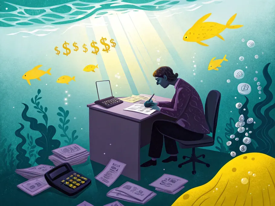 Illustration of a person performing balance sheet substantiation underwater surrounded by fish, money symbols, and documents