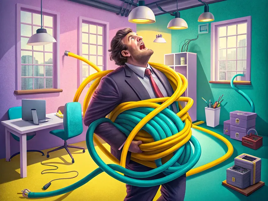 Illustration of a businessman overwhelmed by large, tangled utility cables in an office setting, symbolizing the complexities of managing utilities expenses