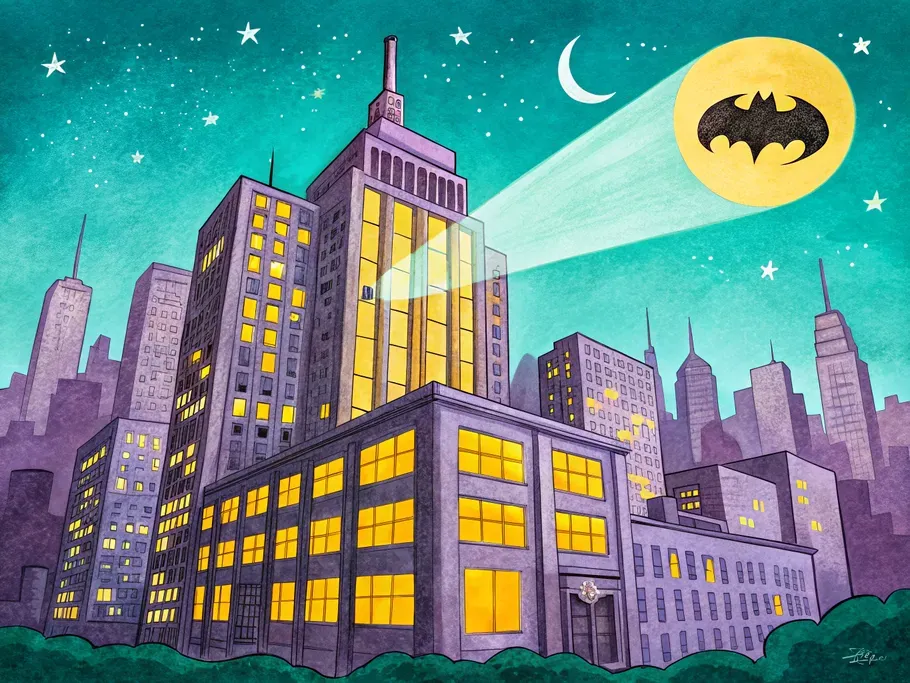 Illustration of a city at night with illuminated buildings, highlighting the Batman signal over a vibrant skyline