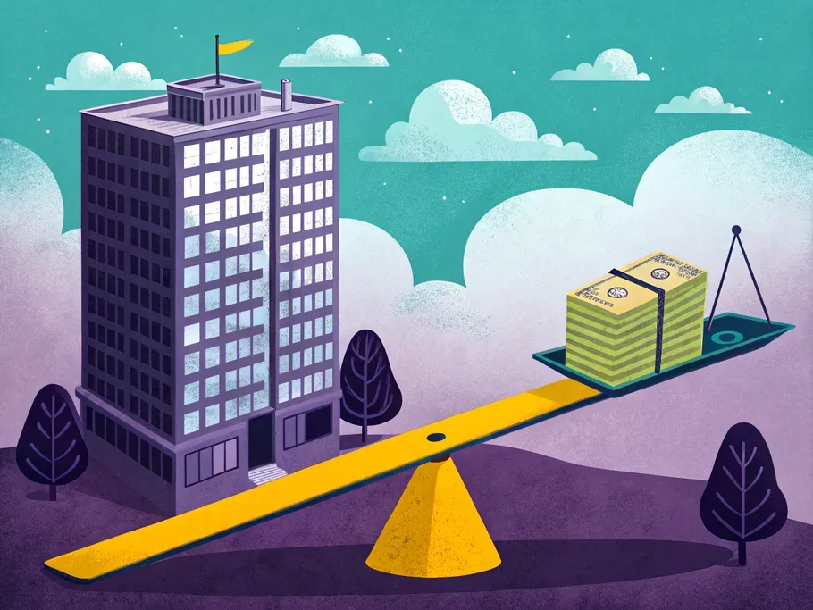 A surreal illustration of an office building on a see-saw scale balancing cash against expenses.