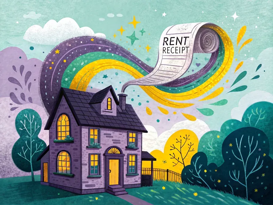 An abstract illustration of a whimsical building with a swirling colorful rent receipt emerging like smoke.