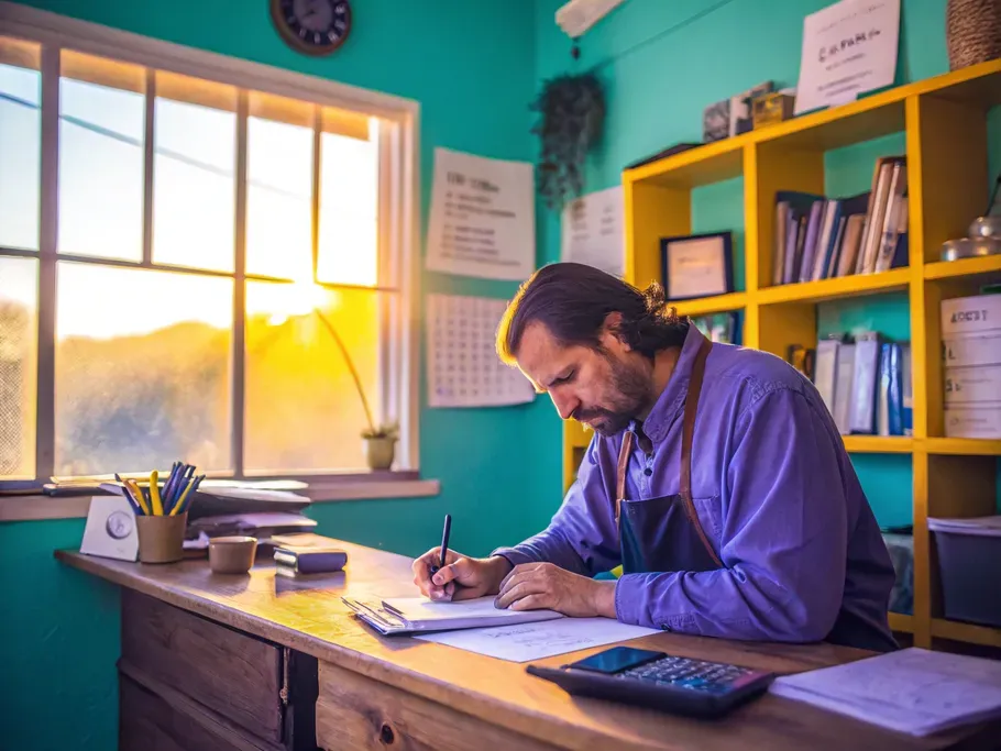 A small business owner writing a rent check at a wooden desk in a cozy office.