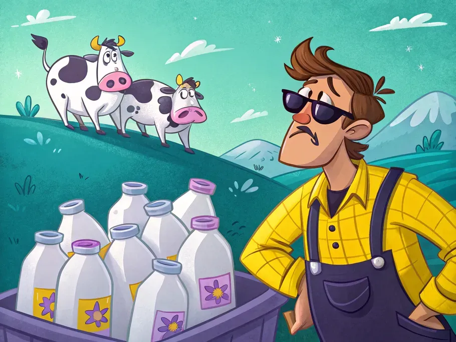Cartoon of a perplexed milkman next to expired milk bottles, with cows in sunglasses plotting in the background.