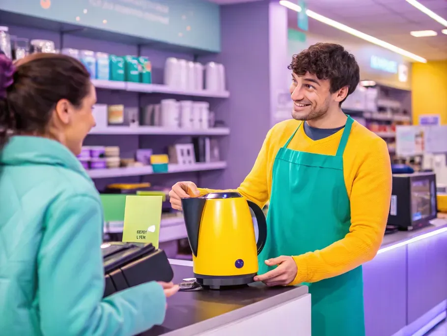A customer returns a bright yellow kettle to a cheerful cashier in a modern retail store.