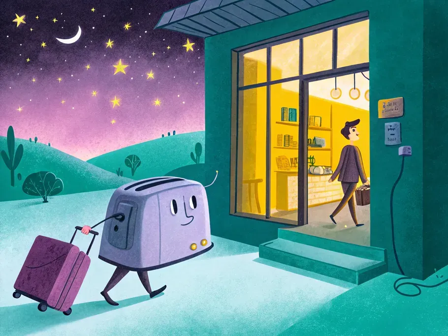 A whimsical toaster with tiny legs carrying a suitcase, walking towards a warmly lit store under a starry night sky.