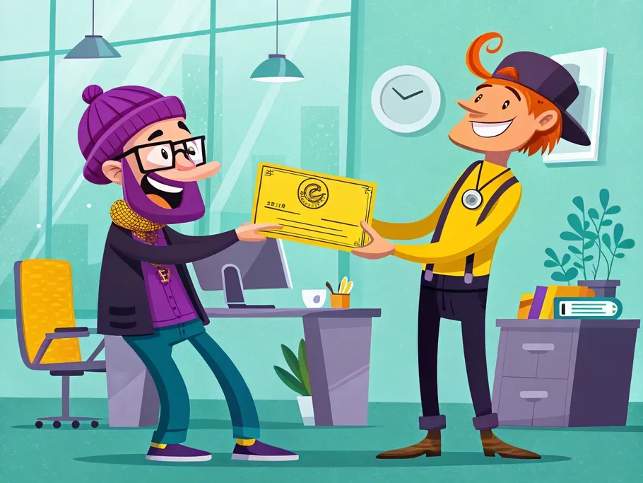 A cartoonish illustration of a businessperson handing over a stock certificate to a creative professional in a modern office.