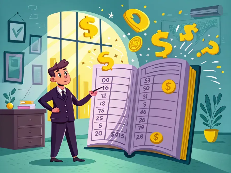 Cartoon illustration of a businessman pointing to a ledger with sales discount entries