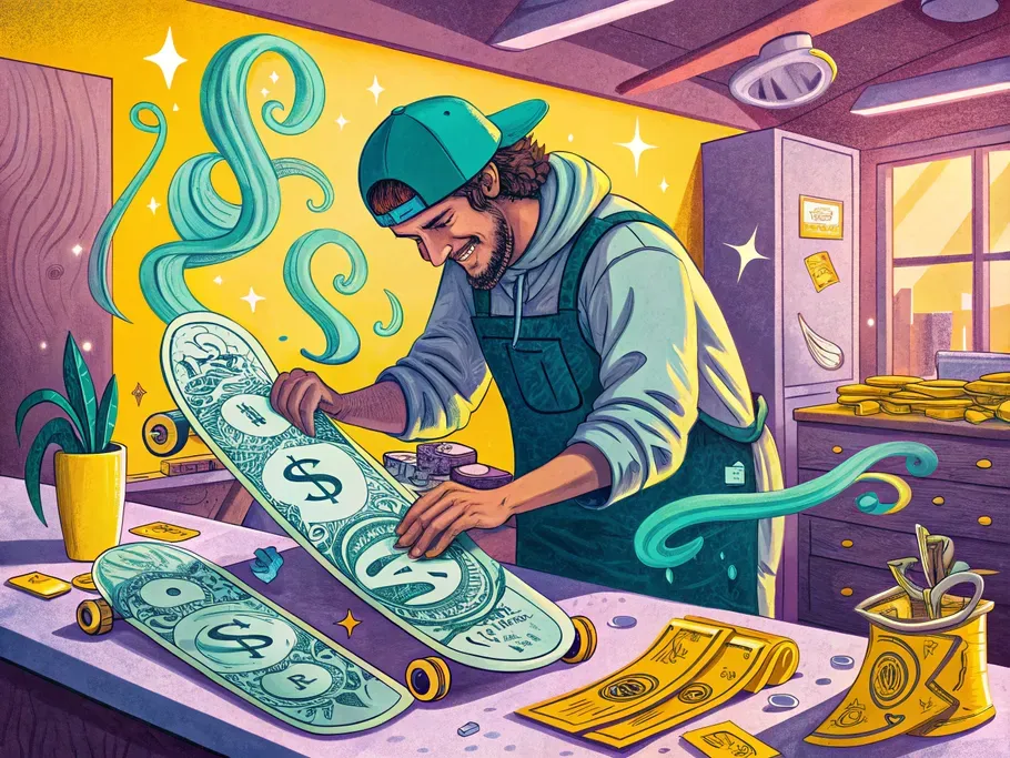 A craftsman designing a skateboard with dollar bill designs, symbolizing sales discounts in accounting