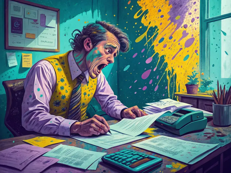 An overwhelmed accountant at a cluttered desk, shocked as financial statements turn into a chaotic painting.