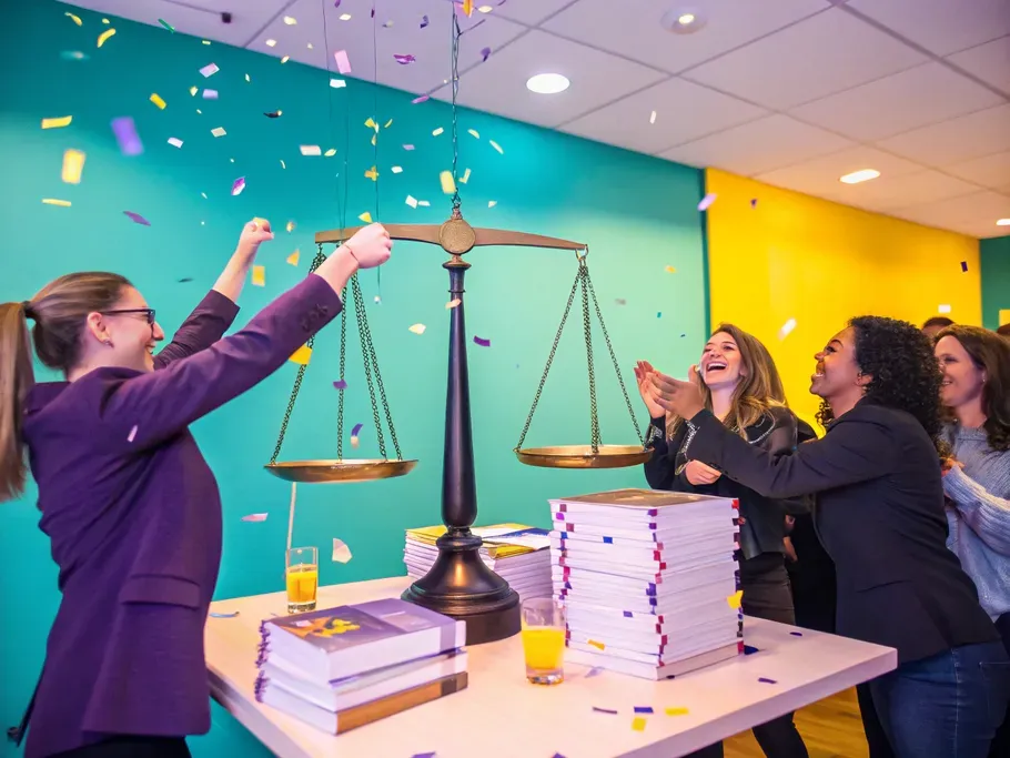 Office celebration with joyful employees around a balance scale symbolizing well-balanced accounting.