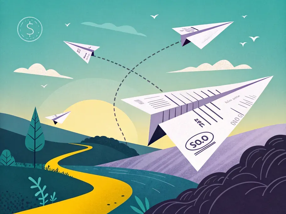 Illustrative image of paper airplanes symbolizing sales discounts in accounting flying through a scenic landscape