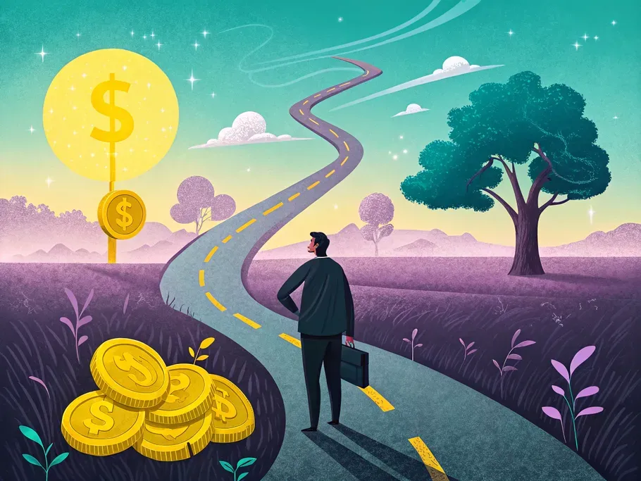 Illustration of a businessman on a pathway leading to a giant dollar sign, with gold coins at the forefront