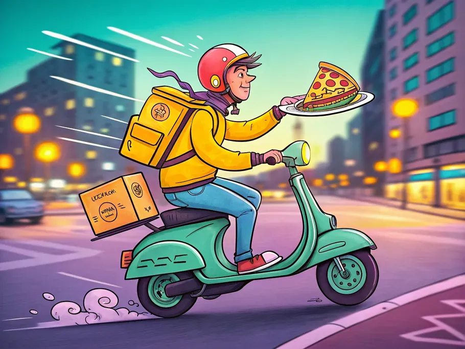 A cartoonish pizza delivery person on a scooter speeding through city streets, humorously holding a slice of pizza.