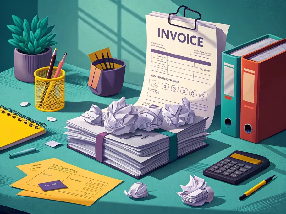 A stack of invoices with a crumpled invoice on a messy office desk symbolizing overdue payments and early settlement.