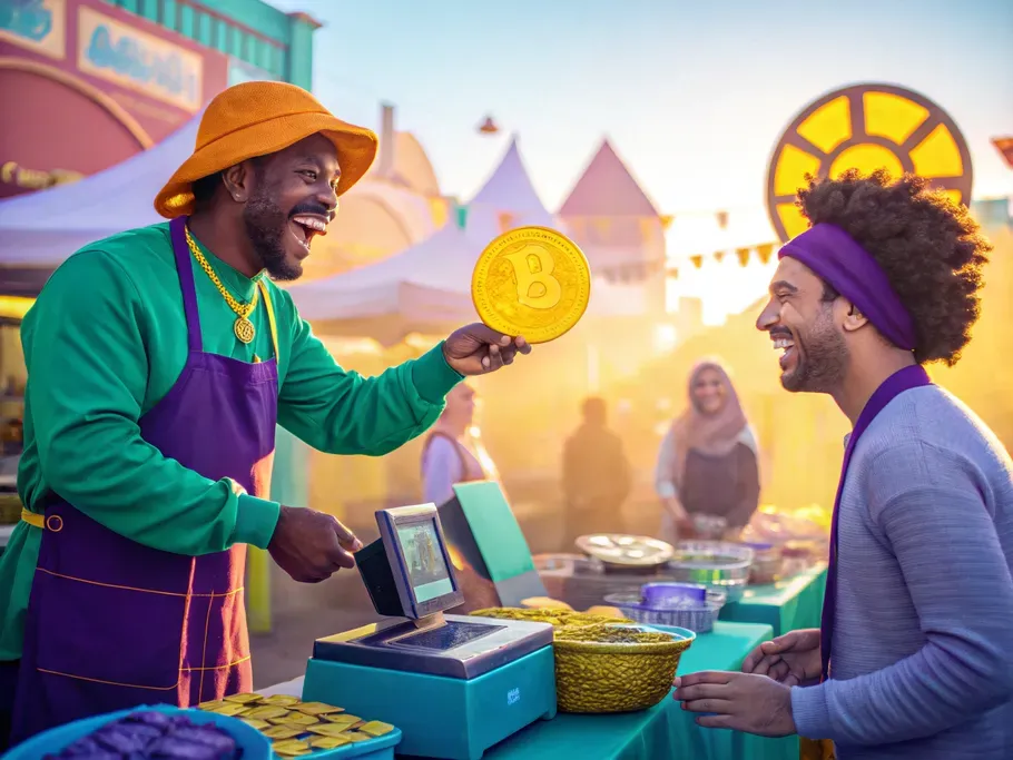 A cheerful shopkeeper offers a gleaming gold coin to a smiling customer at a vibrant marketplace stall, symbolizing a sales discount for early payment.