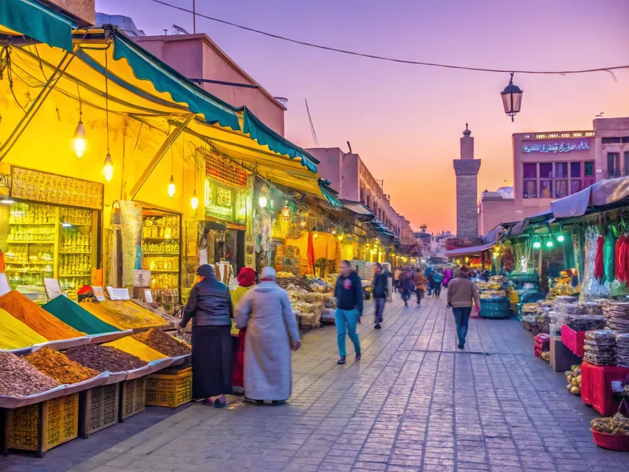 A bustling marketplace with vibrant vendors and colorful products under warm golden light.